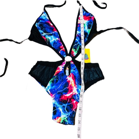 CrazedWear Sol Rainbow Electric Lightning Mesh Plunge Neck O-Ring Rave Bodysuit - Picture 8 of 10